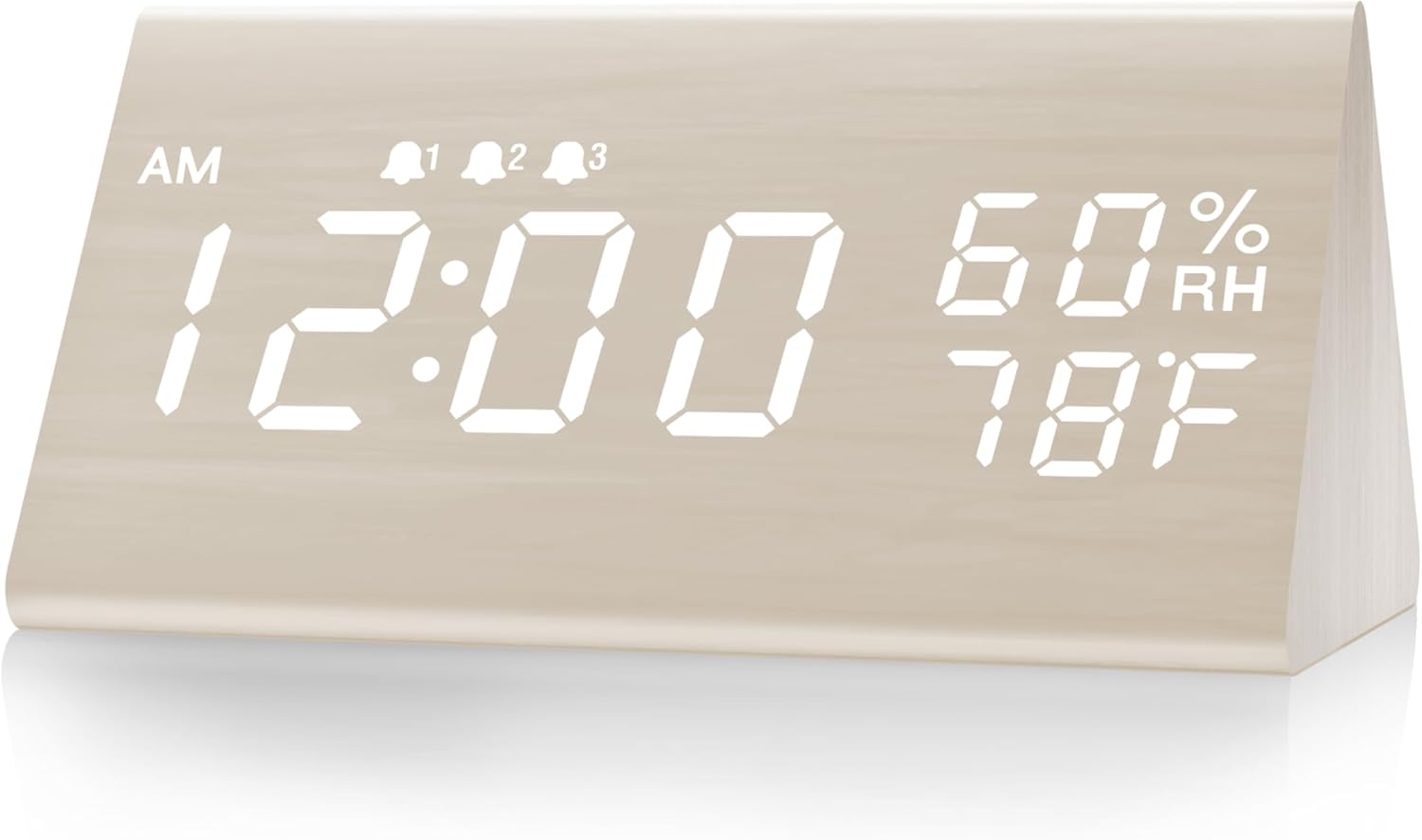 Digital Alarm Clock, with Wooden Electronic LED Time Display, 3 Alarm Settings, Humidity & Temperature Detect, Wood Made Electric Clocks for Bedroom, Bedside, Desk, White