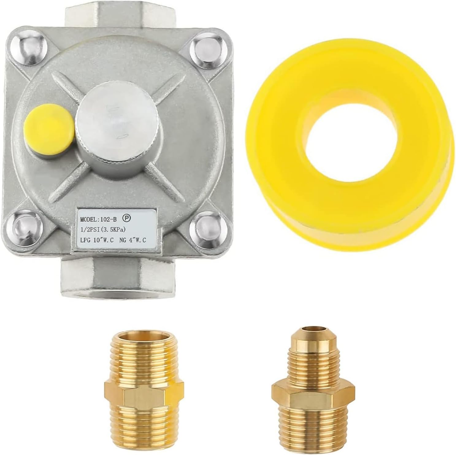 1/2" Gas Pressure Regulator, Natural Gas and Liquefied Interchange Pressure Regulator with 2 Brass 1/2" NPT conversion adapter for NG/LPG Stove, Water Heater, BBQ Grill