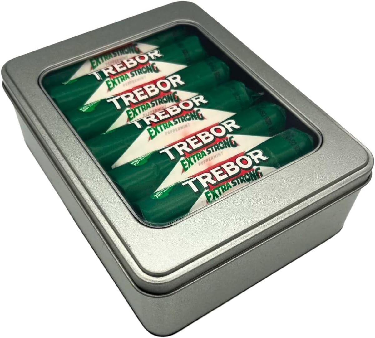 Trebor Extra Strong Peppermints Mints x 14 Tubes x 36.4g Bundle with TinTastic Silver Refillable Window Lid Tin
