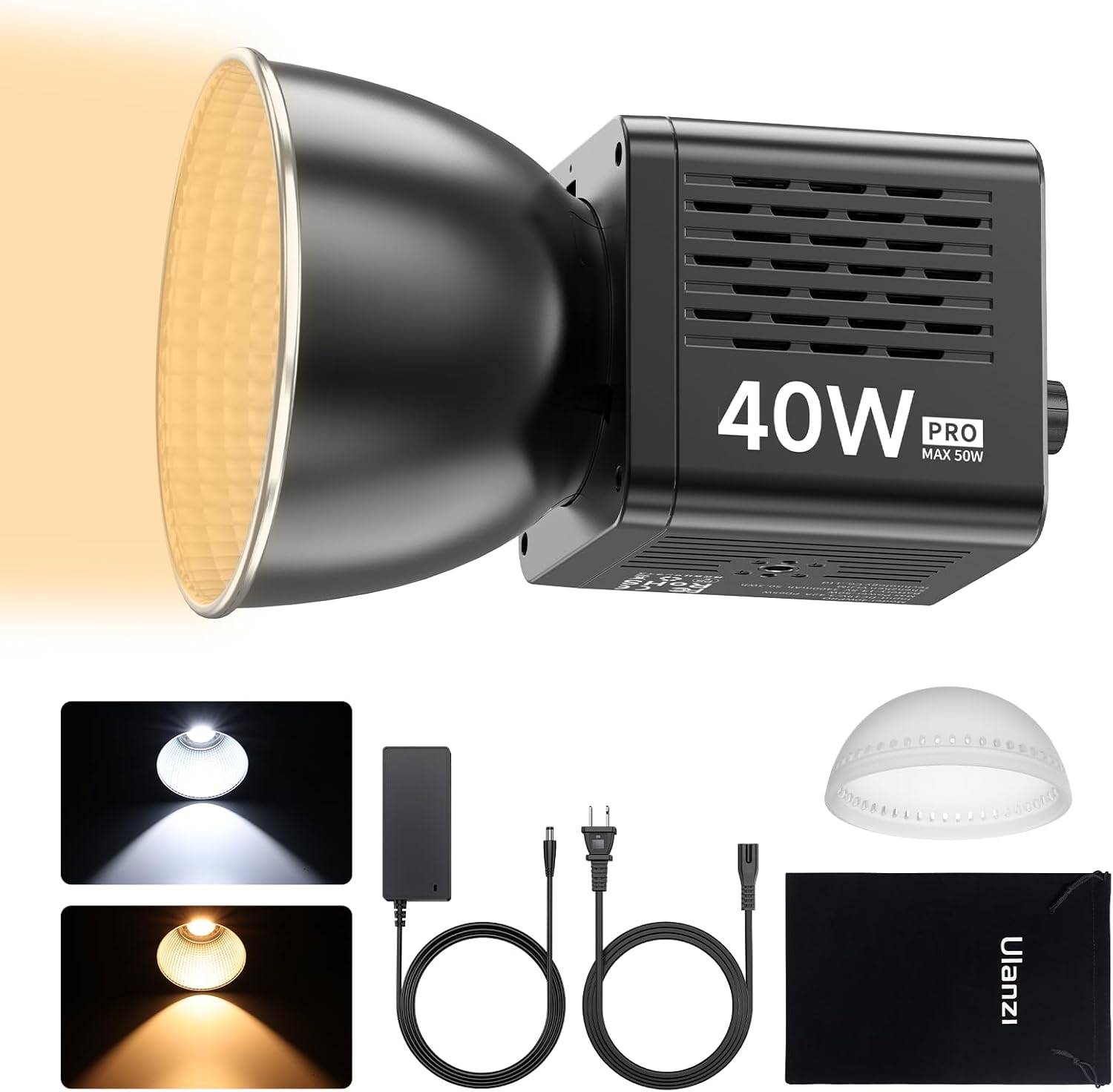 Ulanzi 40W Pro Portable LED Video Light, Bi-Color COB with DC Power Adapter | 3400mAh Build-in Battery Spotlight, 2500K-6500K Mini Bowen Continuous Output Lighting for Studio Photography Live Streaming