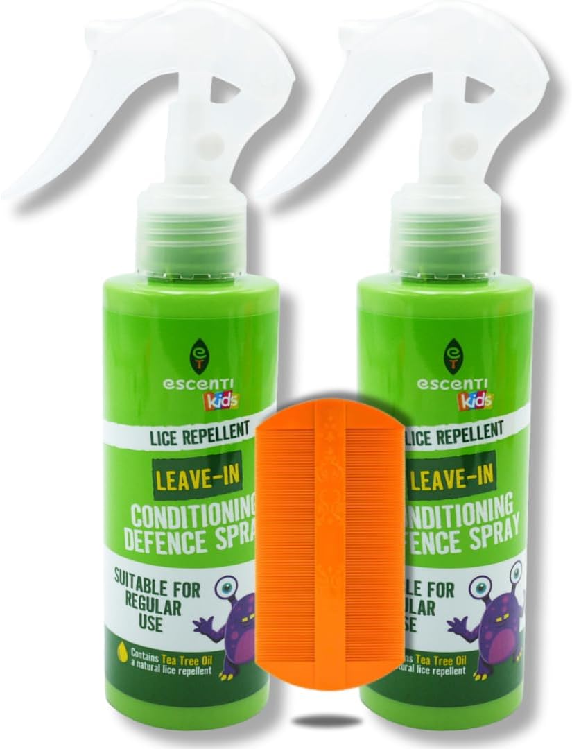 Escenti Head Lice Defence Kit 2X Kids Leave in Conditioner Spray 125ml with Tea Tree for Lice Prevention and BVO Luxe Nit Comb for Tangle Free Hair