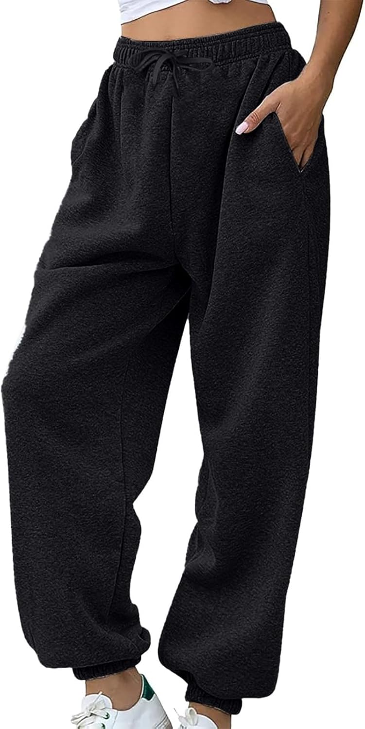 Fleece Lined Joggers Womens Fluffy Sherpa Trousers Warm Thermal Sweatpants Winter Thick Tracksuit Bottoms Elastic High Waisted Solid Jogging Pants Drawstring Pockets for Casual Gym Outdoor Streetwear