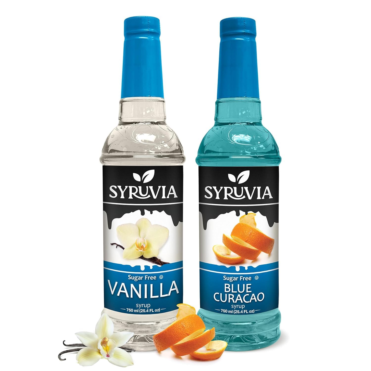 Syruvia Sugar-Free Vanilla & Sugar-Free Blue Curacao Coffee Syrup - 25.4 fl oz. Premium Coffee Flavoring Syrup. 0 Calories, Kosher, and Gluten-Free. Ideal for Enhancing Drinks, Sodas and More.