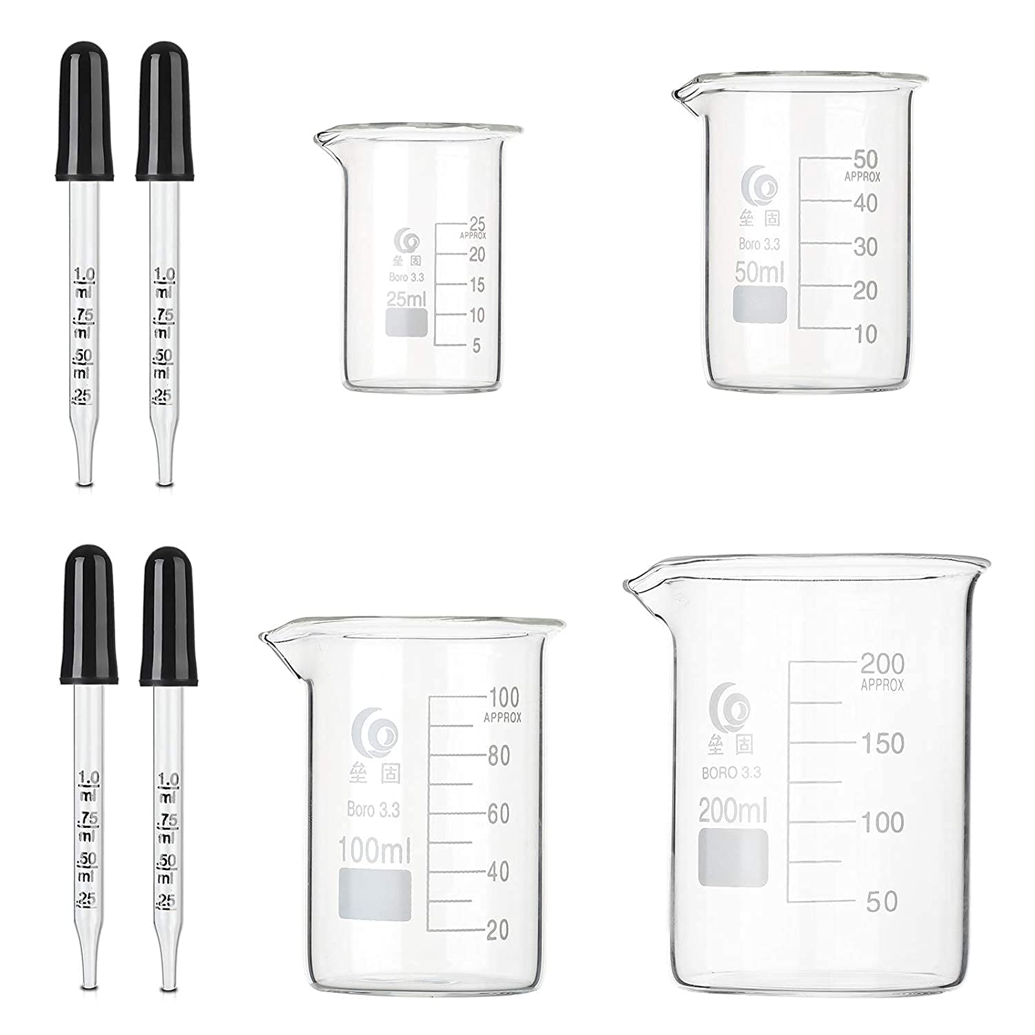 Glass Beaker Set 4 Pack – 25-200ml, Low Form, with Pipettes