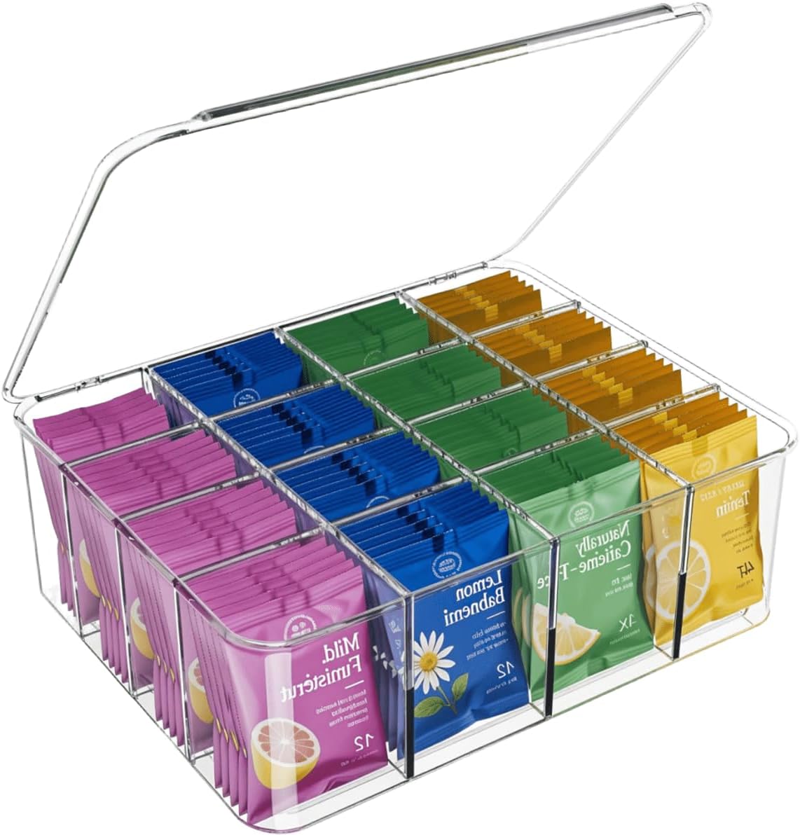 Tea Bags Organizer: Large Tea Bag Holder Organizer with Lid, Acrylic Drink Packets Storage for Cabinet, Counter, Countertop, Drink Packets Caddy for 16 Different Types