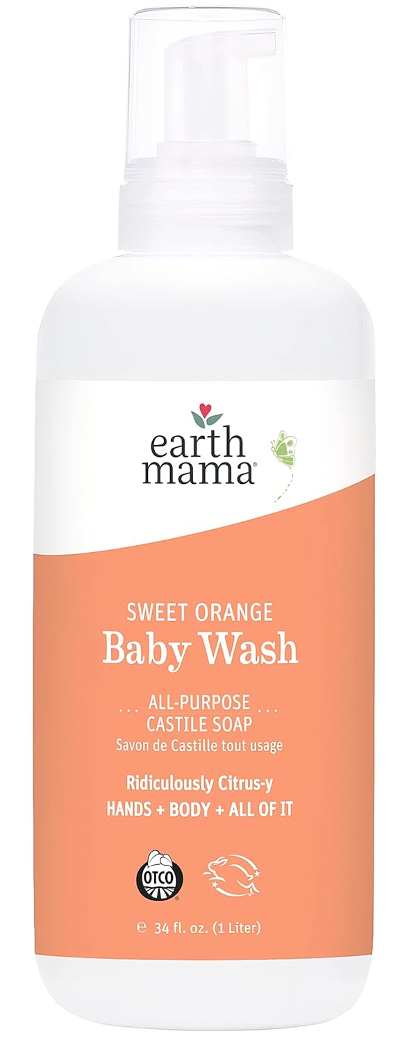 Earth Mama Sweet Orange Baby Wash Liquid Foaming Hand Soap Refill, Organic All Purpose Body Wash for Sensitive Skin, Castile Soap with Coconut Oil, Shea Butter, Calendula, & Aloe, 34 fl oz