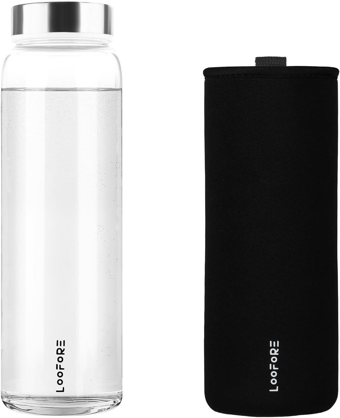 LOOFORE Glass Water Bottle 1L 1000ml, BPA-Free Leak Proof, 1 Litre Large Borosilicate Wide Mouth Glass Drinking Bottles with Protective Sleeves for Sports and Gym with Hot Cold Drinks