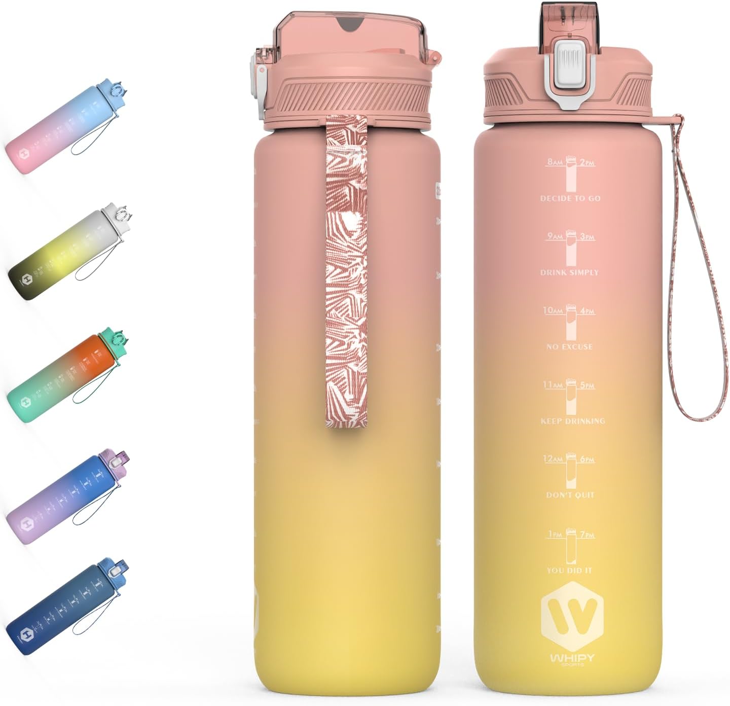 HOMEEX Motivational Fitness Sport Water Bottles with Straw & Time Maker, BPA-free Plastic Drink Bottle 1l Design for Girls, Boy Running,cycling (Pink & Yellow, 1000ML-32OZ)