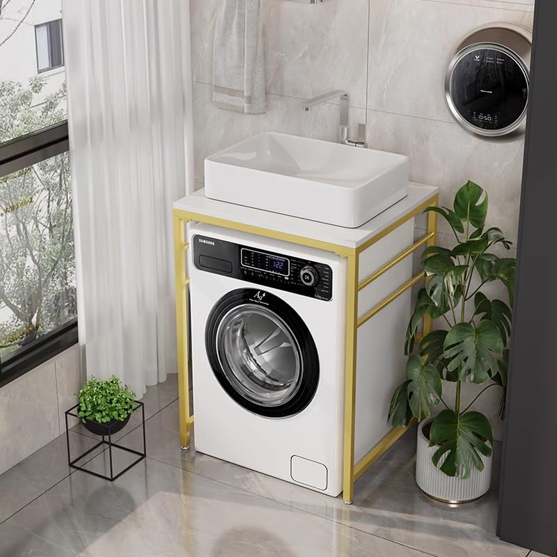 Multi-Functional Washbasin Storage Unit, Open Shelving Heavy-Duty Washing Machine Stand, Modern Small Bathroom Storage Sink, Suitable for Laundry Room, Utility Room Or Garage,Gold