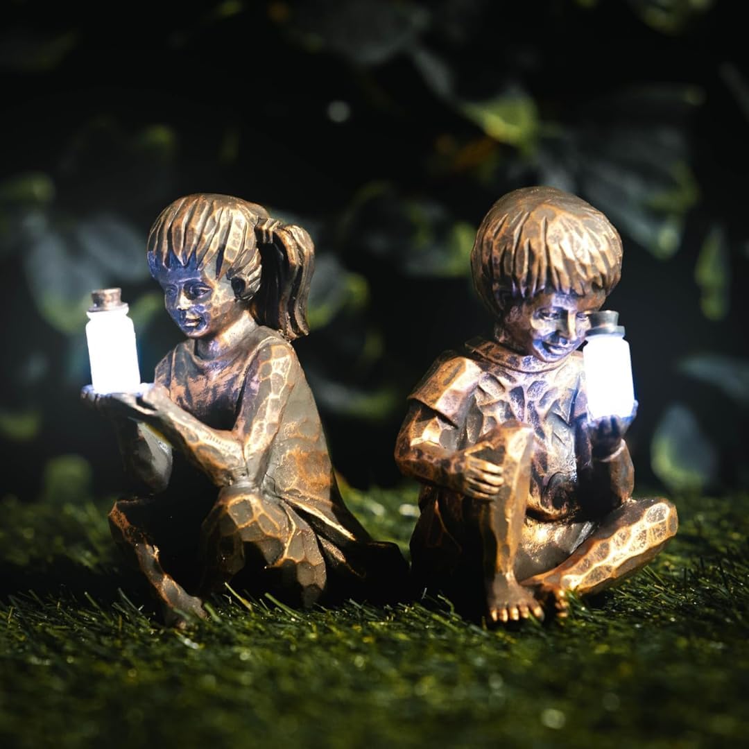 Garden Mile Solar Powered Garden Ornament Boy and Girl Figurines Fairy Solar Light Jar Firefly Resin Garden Decor Gardens Funny Novelty Gift Fairy Outdoor Gardens Patio Decor