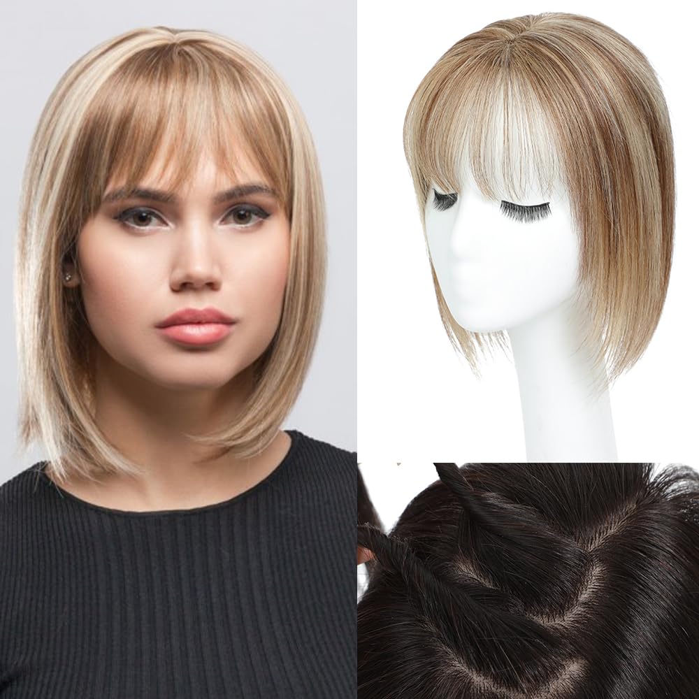 Hair Toppers for Women Real Human Hair， 360°3D Big Basement Cover Topper for Women with Thinning Crown with Wispy Clip in Bangs Realistic Scalp (P4/27, Wispy 14INCH)