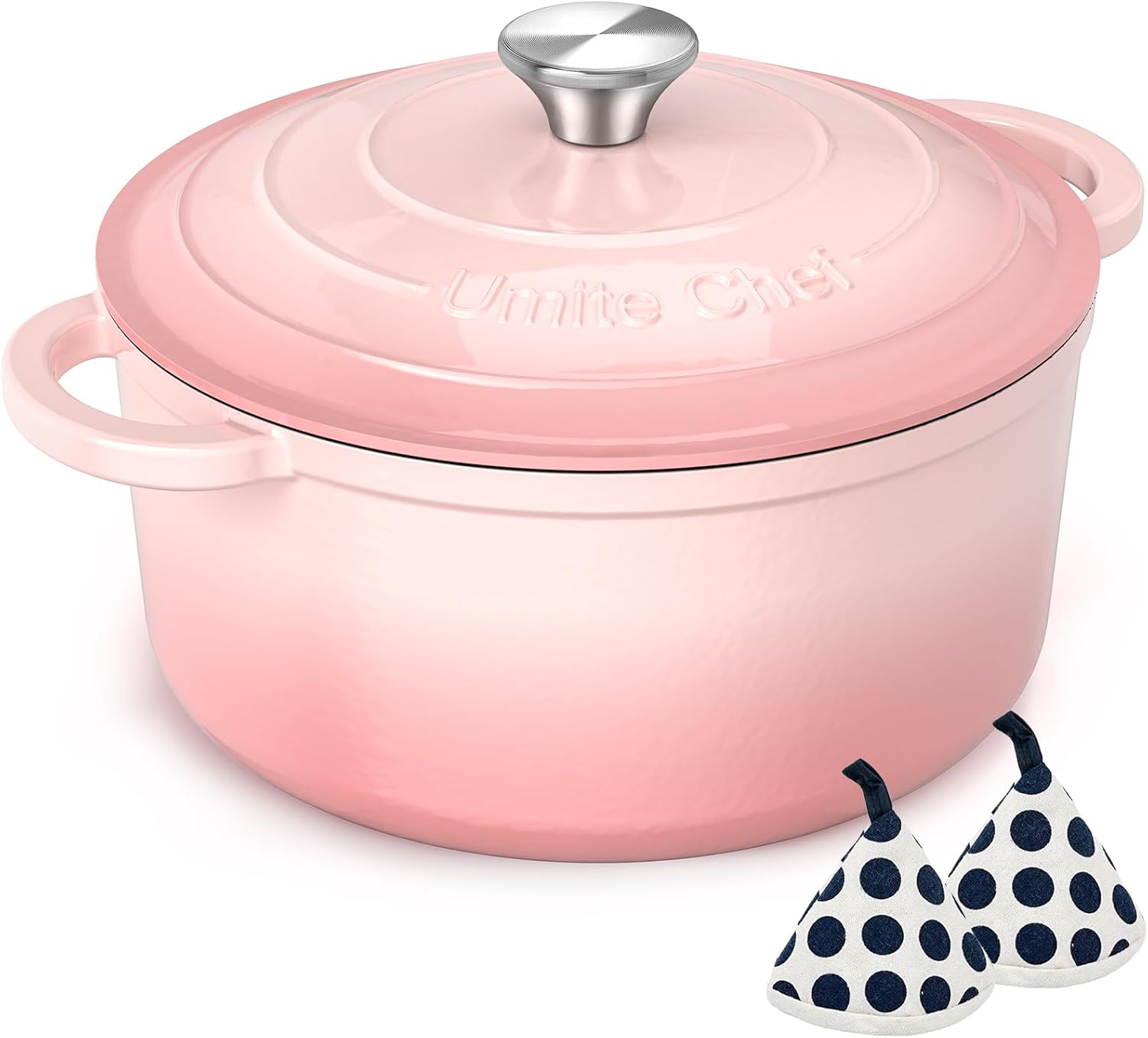 Umite Chef 5QT Enameled Cast Iron Dutch Oven Pot with Lid, Heavy-Duty Cookware for Bread Baking, Braising, Stews, Roasting, Wedding Registry Ideas & Gifts (Pink)