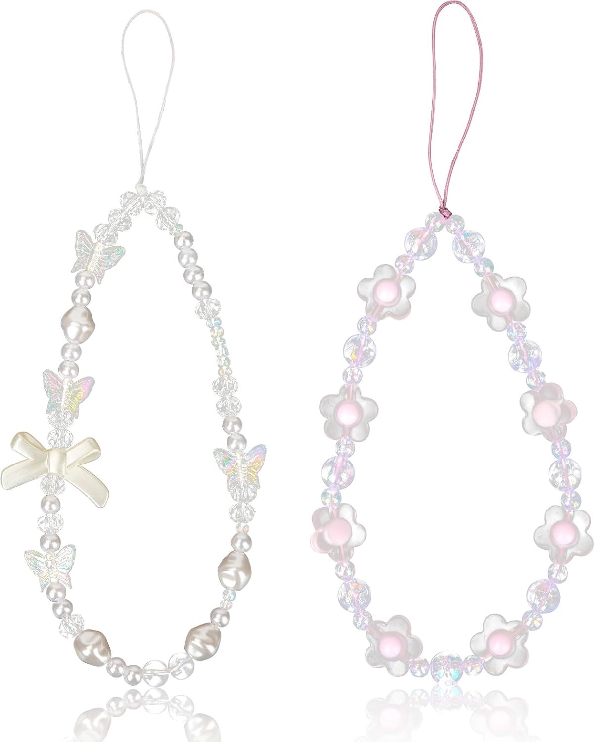 2pcs Beaded Phone Bracelet Strap, Crystal Butterfly Flower Pearl Phone Beaded Wrist Strap Phone Bracelet Lanyard for Women Phone Keychain Charm (White, Purple)