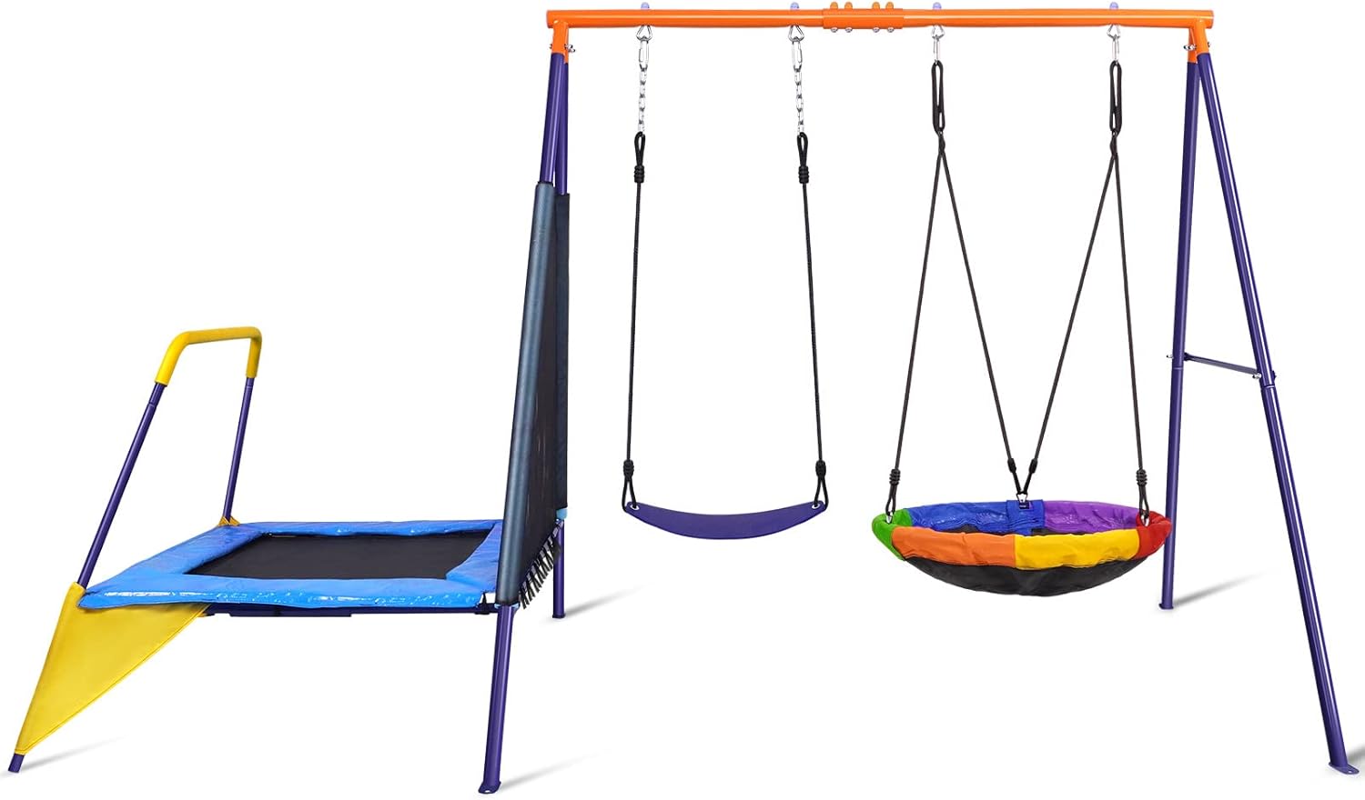 Swing Set for Backyard with Trampoline 440lbs with Heavy-Duty Metal A-Frame Outdoor Swing Set with 1 Saucer Swing Seat 1 Swings Seat & 1 Trampoline