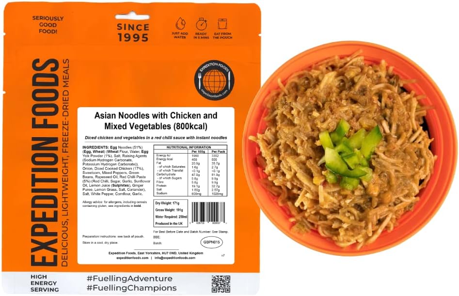 EXPEDITION FOODS Asian Noodles with Chicken and Mixed Vegetables (High Energy Serving / 800KCAL) | Freeze-Dried Camping & Hiking Food