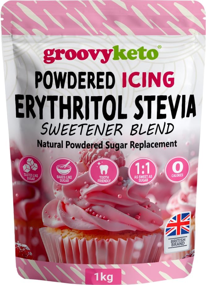 Groovy Keto Erythritol & Stevia Powdered Sweetener 1kg – Natural Sugar Alternative for Baking, Frosting & Drinks, Keto & Diabetic Friendly, Low Calorie & Low Carb, Icing Sugar Substitute