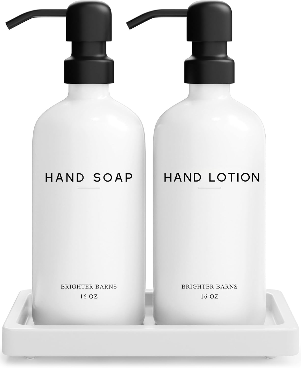 White Glass Soap and Lotion Dispenser Set with Tray by Brighter Barns - Hand Soap Dispenser Bathroom Set & Stainless Steel Pump for Home or Vacation Rental - White Bathroom Accessories & Decor (White)