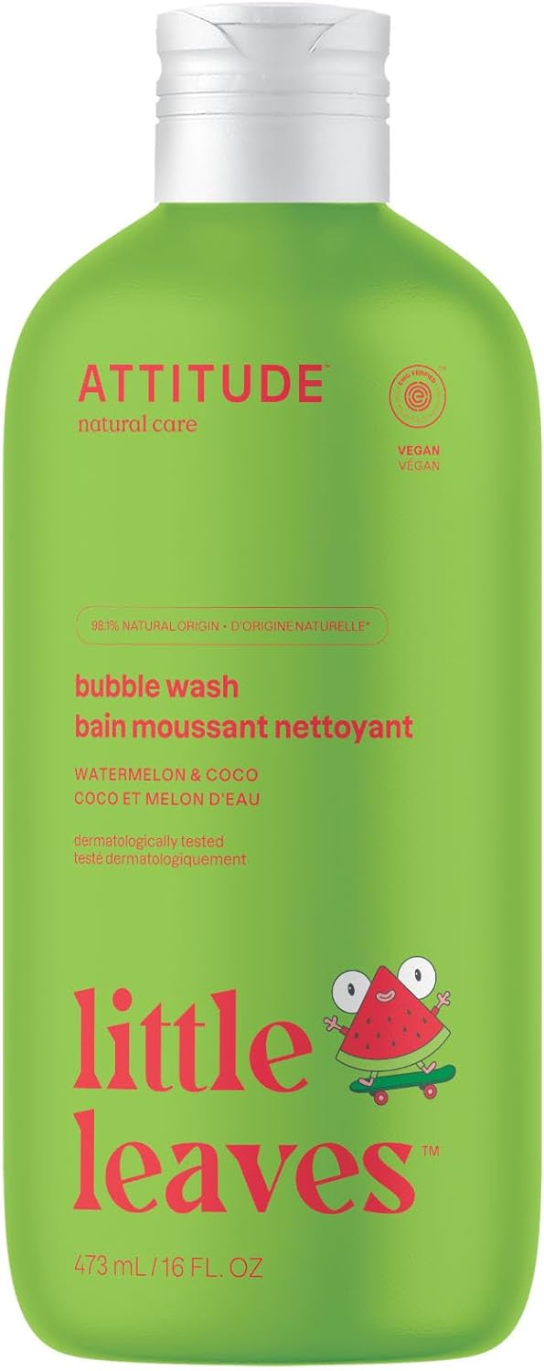 ATTITUDE Bubble Wash for Kids, EWG Verified Bubble Bath, Hair Shampoo and Body Soap, Dermatologically Tested, Plant- and Mineral-Based, Vegan, Watermelon & Coco, 16 Fl Oz
