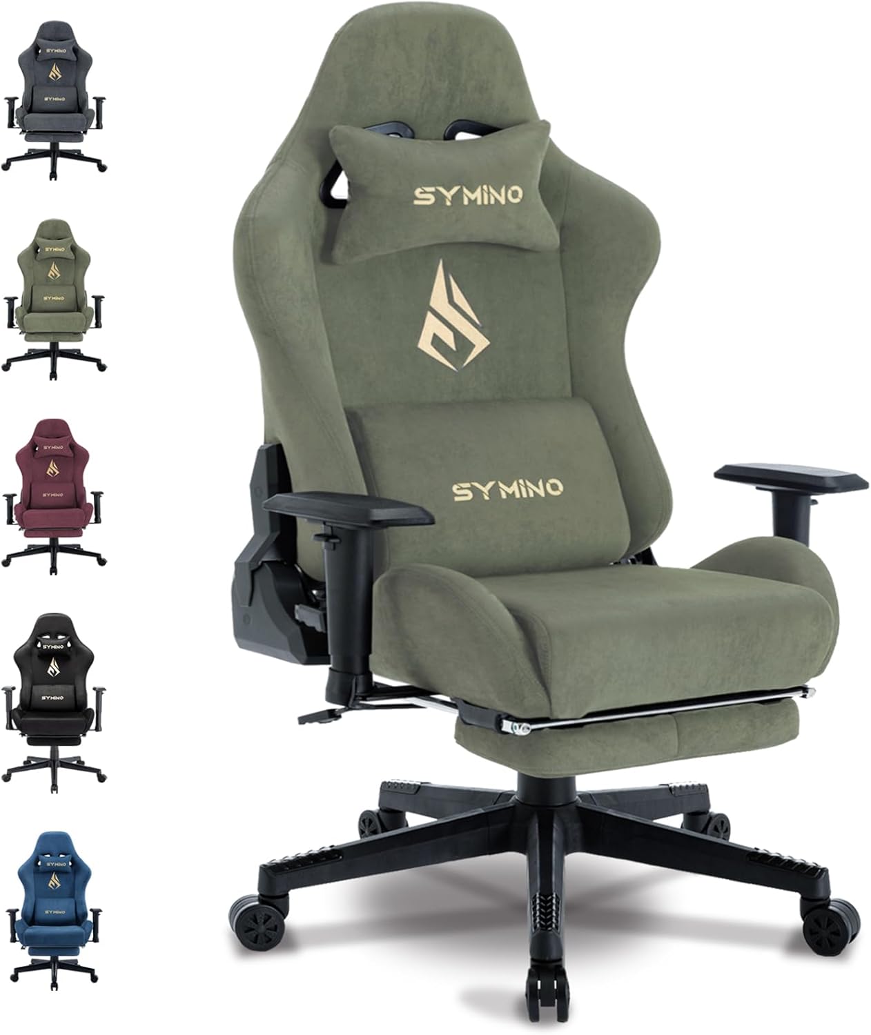 Symino Gaming Chair, Computer Chair with Footrest, Headrest and Lumbar Support, Ergonomic PC Chair, Height Adjustable Rotating Task Chairs, Green