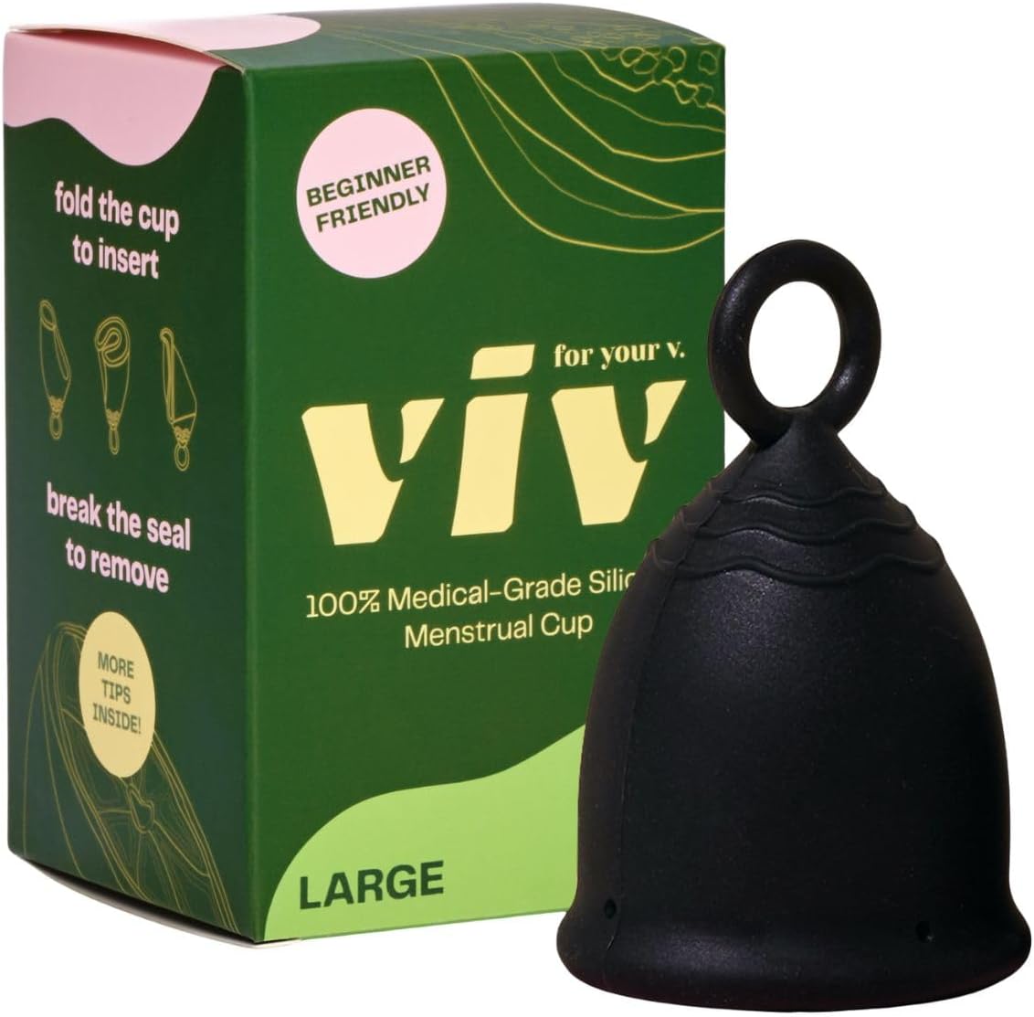 Viv for Your V Large Premium Menstrual Cups for Heavy Flow, Pull Tab Ring Stem Easy Removal, Soft Tampon Alternative, Comfortable 12 Hour Wear, Medical-Grade Silicone Reusable Period Cup
