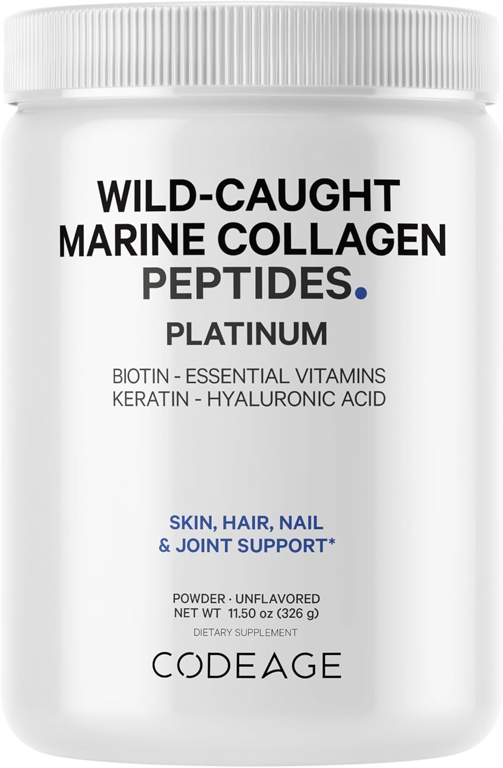 Codeage Marine Collagen Protein Powder Supplement Platinum - Biotin 10,000 mcg, Vitamin C, D3 & B6, Keratin, Hyaluronic Acid, Niacin, Wild Caught Hydrolyzed Fish Collagen Peptides - Non-GMO - 11.50 oz