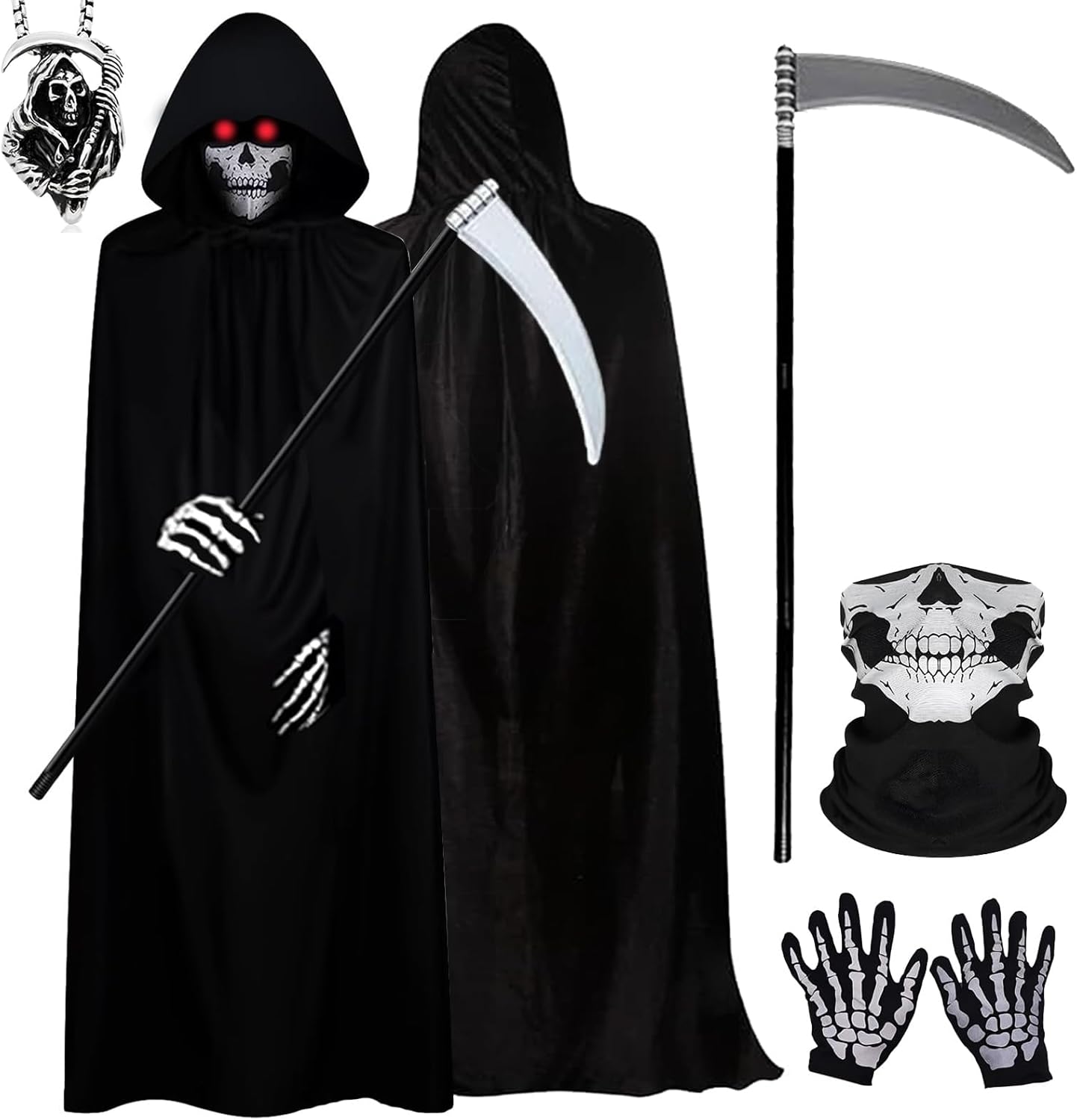 Tbczvx 5 Pcs Grim Reaper Costume, Grim Reaper Cloak, Halloween Costumes Black Cloak Hooded Cape Scythe Skeleton Gloves Skeleton Mask Necklace Set for Cosplay Outfits Party Dress for Women Men