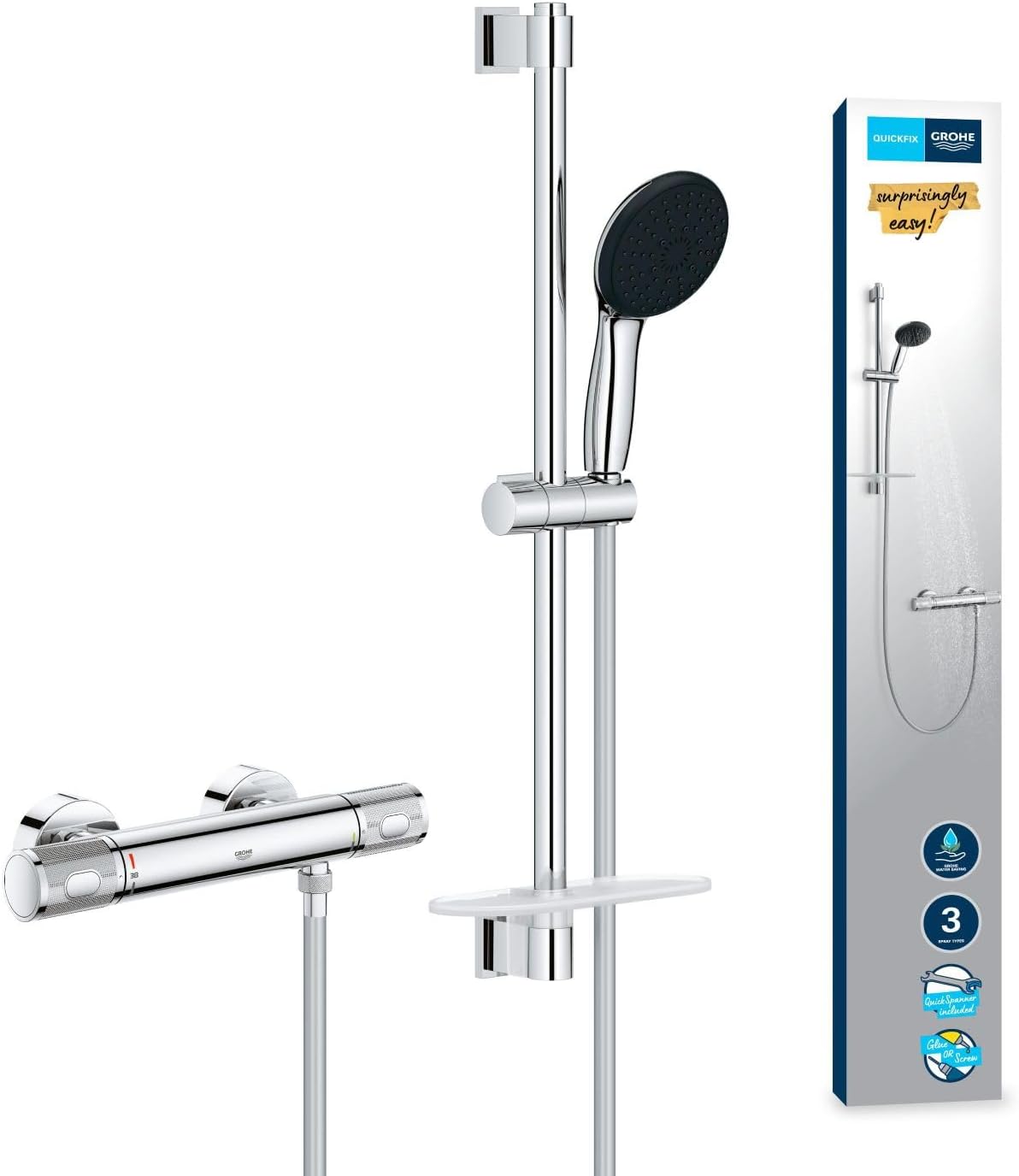 GROHE Precision Feel – Exposed Thermostat Shower Set (Round 11 cm Hand Shower 3 Sprays: Rain, Jet & Massage, Shower Hose 1.75 m, Rail with Tray 60 cm, Safety Functions, Water Saving), Chrome, 34791001