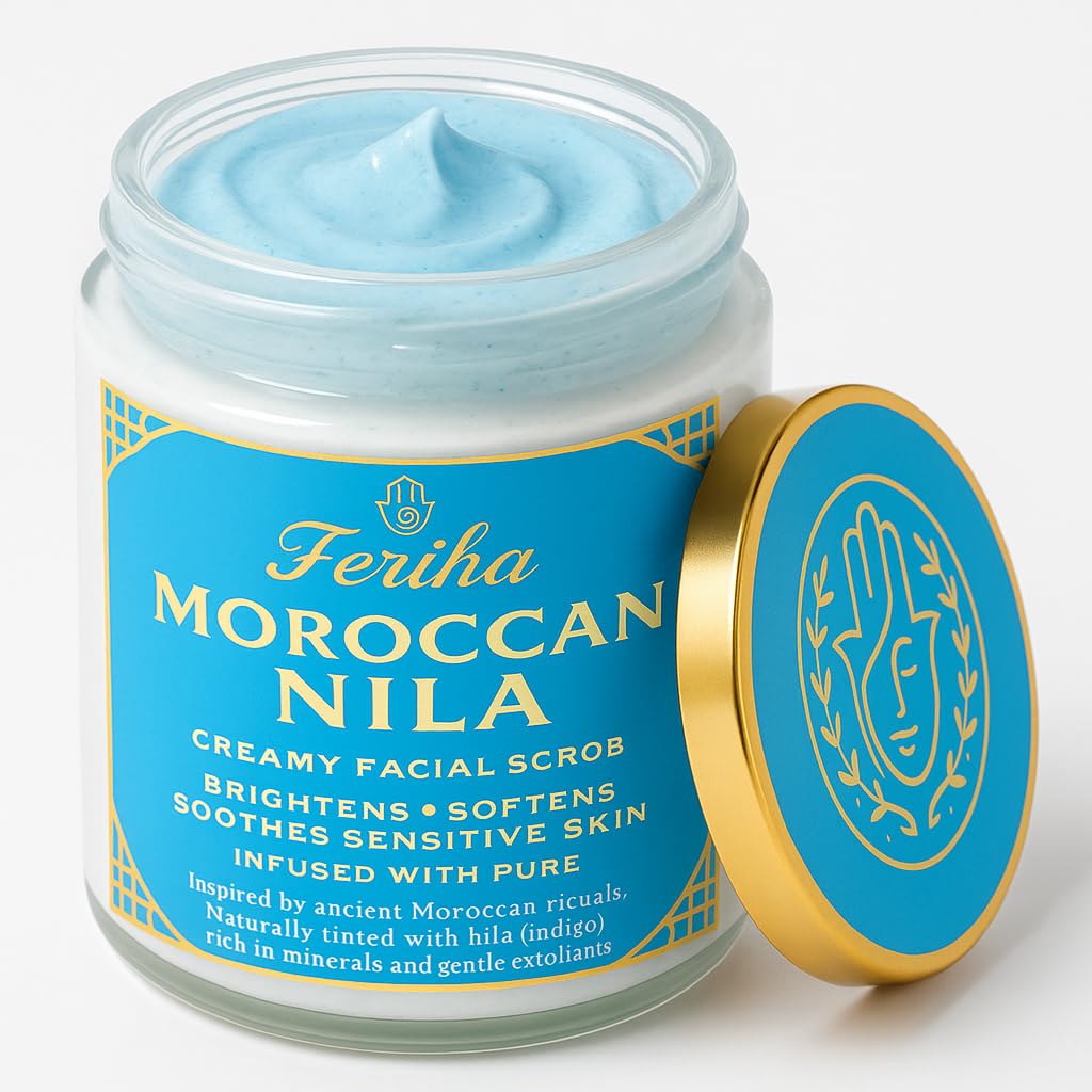 Feriha Moroccan Nila Creamy Facial Scrub – Brightens, Softens & Soothes Sensitive Skin – With Saharan Indigo, Argan Oil & Barbary Fig – Gentle Exfoliant for Radiant Glow