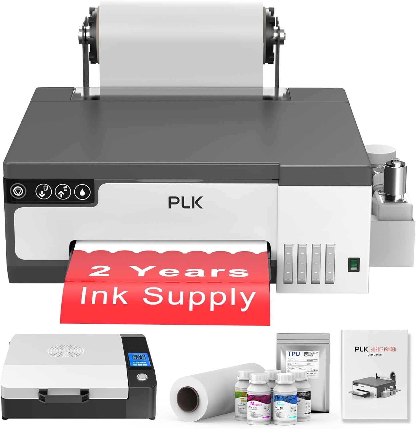 PLK A4 DTF Printer with XP600 Printhead &Roll Feeder, L8058 DTF Transfer Printing Machine with White Stirring System 100% Transfer Rate for DIY Print(Printer+Oven+Ink+Roll Film)