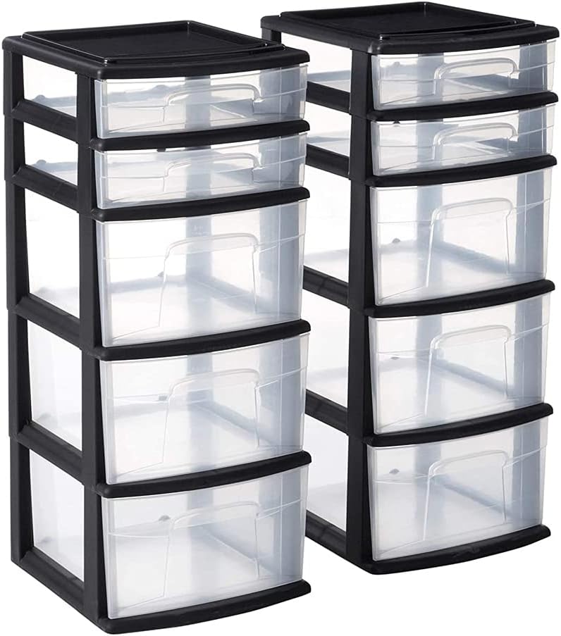 HOMZ 1-Pack 5-Drawer Storage Unit, Home & Office Plastic Organizer, Black Frame