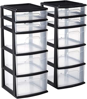 HOMZ 1-Pack 5-Drawer Storage Unit, Home & Office Plastic Organizer, Black Frame