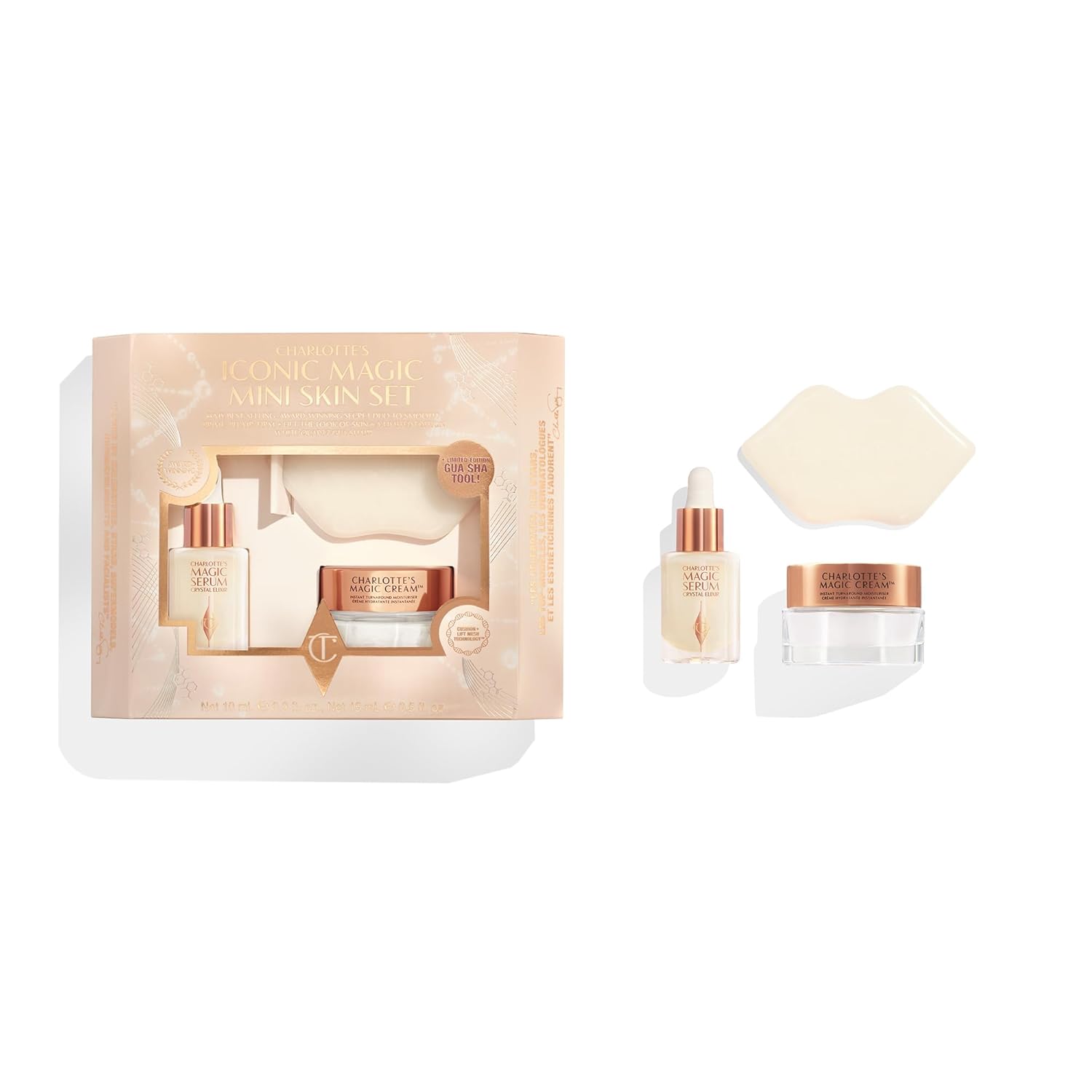 Charlotte Tilbury Iconic Magic Mini Skin Care Set - Travel Size Skincare Set with Magic Serum & Cream and Limited Edition Gua Sha - Infuses Skin with Hydration for a Youthful-Looking Glow