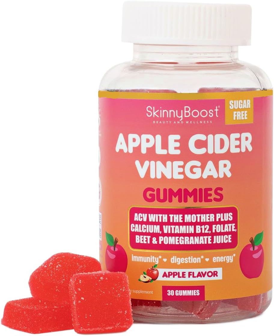 SkinnyBoost Sugar Free Apple Cider Vinegar Gummies-30 ct-Made with The Mother Plus B Vitamins, Calcium, Magnesium, Folate, Pomegrante and Beet Juice, All Natural, Made in The USA