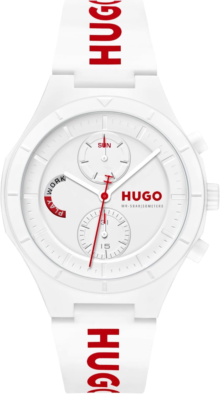 HUGO Analogue Multifunction Quartz Watch for Men #LIT Multi Collection with Black or White Silicone Bracelet