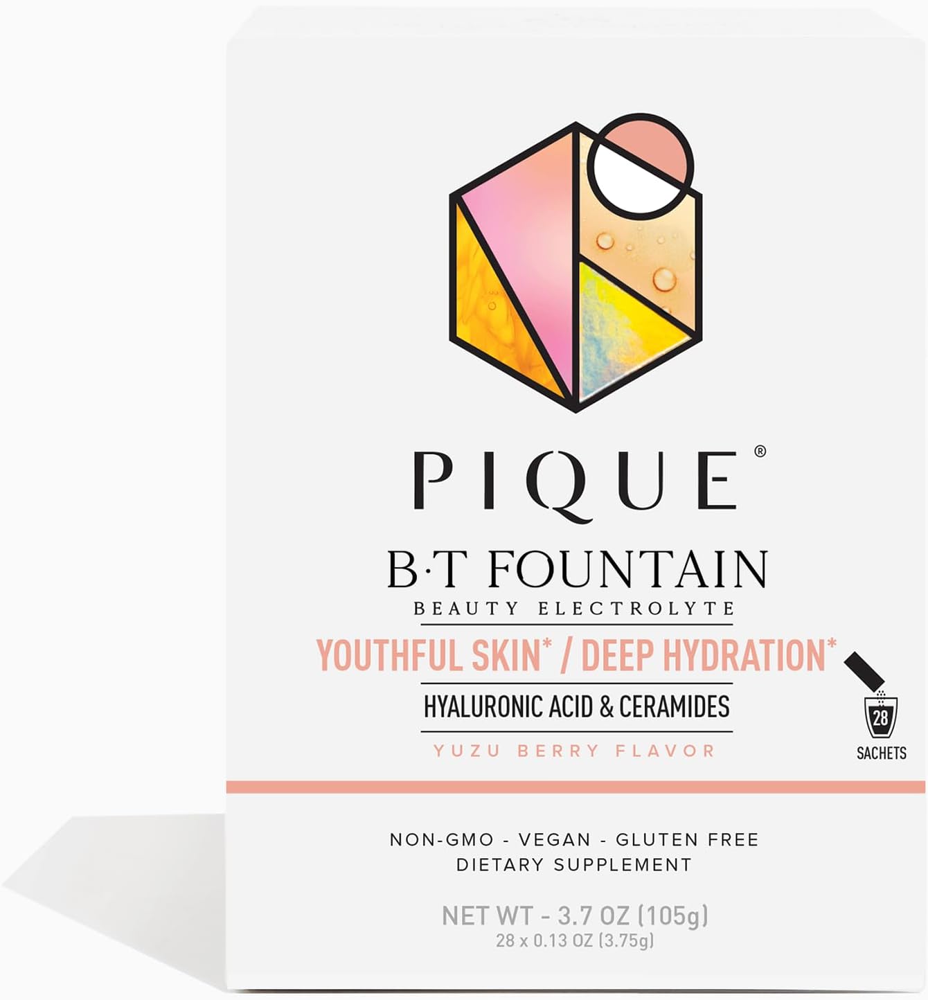 PIQUE BT Fountain Beauty Electrolyte Powder - Hydration Powder Packets with Hyaluronic Acid, Ceramides, Magnesium for Hydrated, Elastic Skin - No Added Sugar - 28 Single Serve Sticks (Pack of 1)