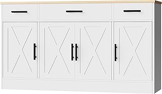 Shintenchi Buffet Cabinet with Storage,53.4" Large Kitchen Storage Cabinet with 3 Drawers and 4 Doors,Wood Farmhouse Buffet Cabinet with Adjustable Shelf for Kitchen Living Room,White
