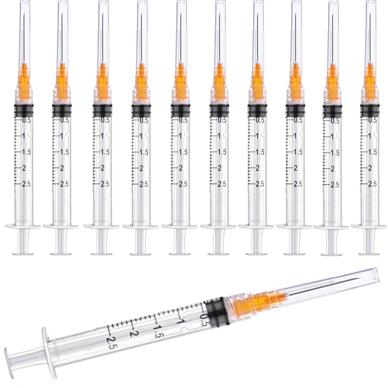 25 Pack 2.5ml/cc Plastic Luer Lock Syringa with 25Ga and Cap, Individually Sealed Wrapped, for Scientific Labs, Measuring Liquid, Refilling Cartridges or Glue Applicator