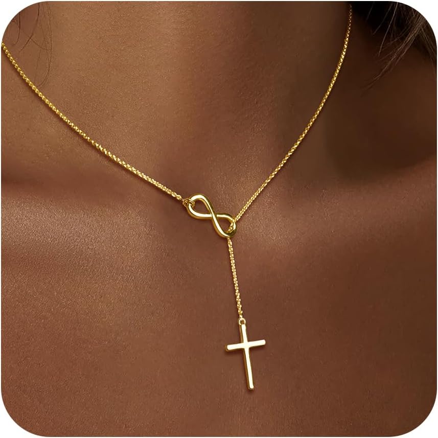 Cross Necklace for Women 14K Gold/Silver Plated Dainty Infinity Long Pendant Charm Necklace Trendy Non Tarnish Waterproof Jewelry Simple Religious Christian Baptism Faith Jewelry Gifts