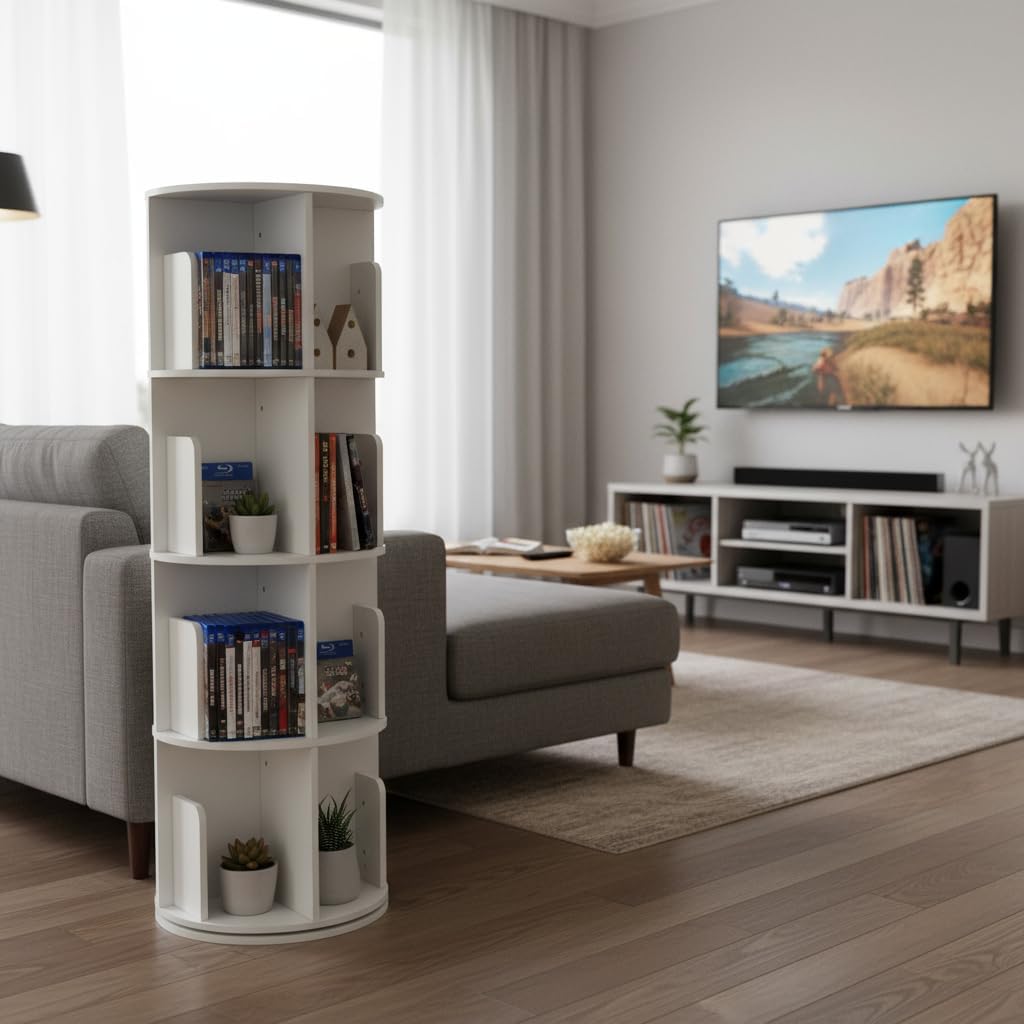 HOMYLIN Rotating Audio-Visual Shelving Unit, MDF Versatile Storage Shelf for Home Entertainment Room, 360-Degree Rotation, White