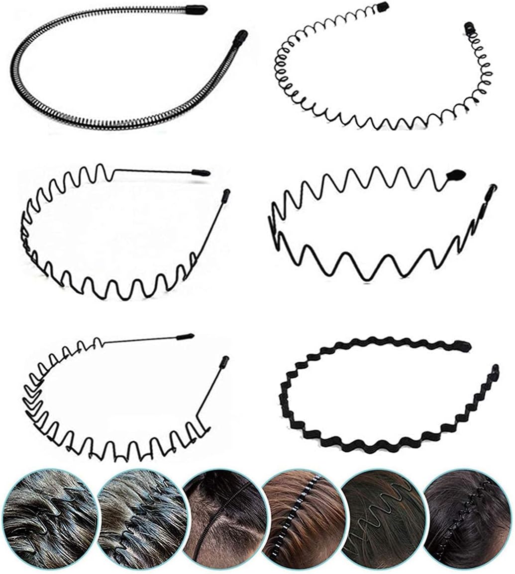 Elastic Wavy Spring Wave Hair Hoop, Multi-Style Black Non-slip Metal,Unisex Sport Fashion Hair Band Accessories for Women and Men(6 Pieces)