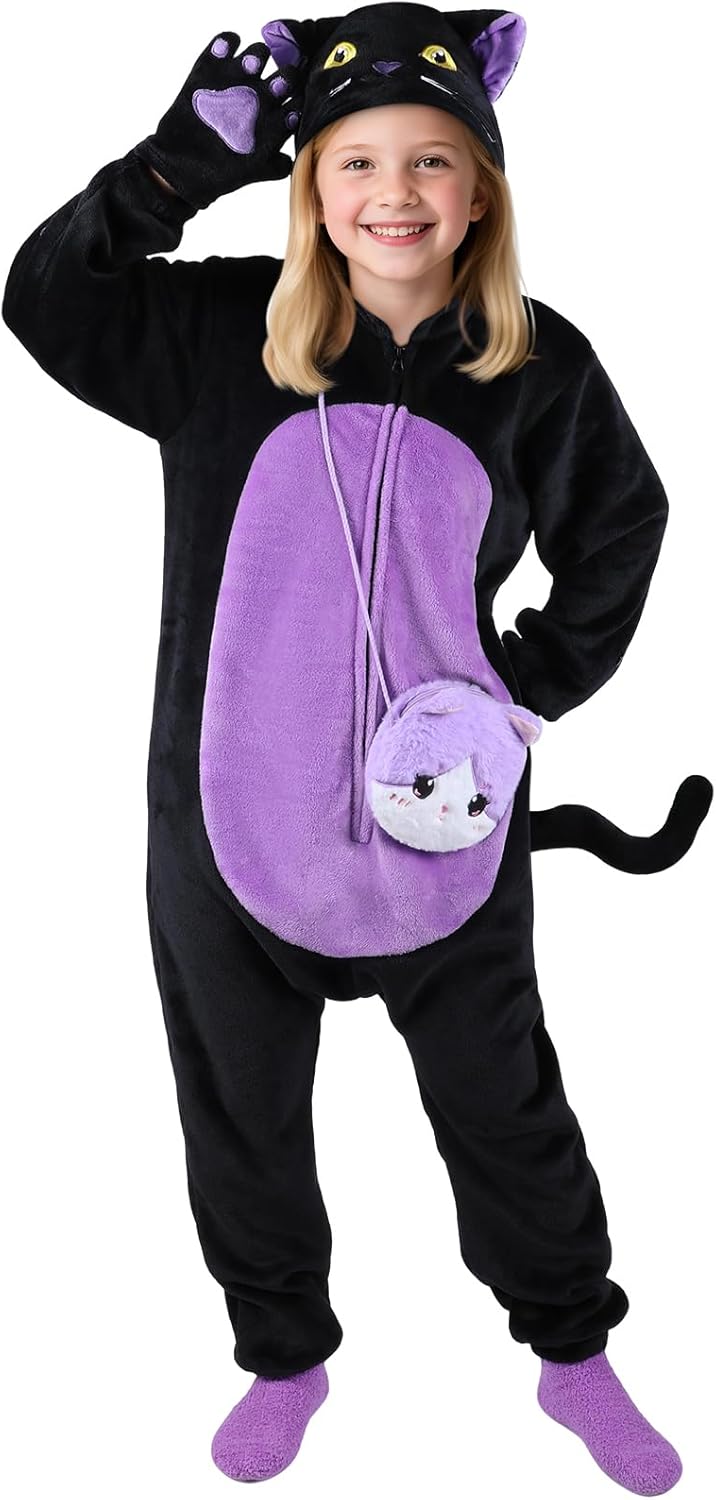 Joycover Black Cat Costume for Girls, Kids Hooded Cat Noir Onesie with Purse Bag, Girls Halloween Costumes for Kids Age 5-10