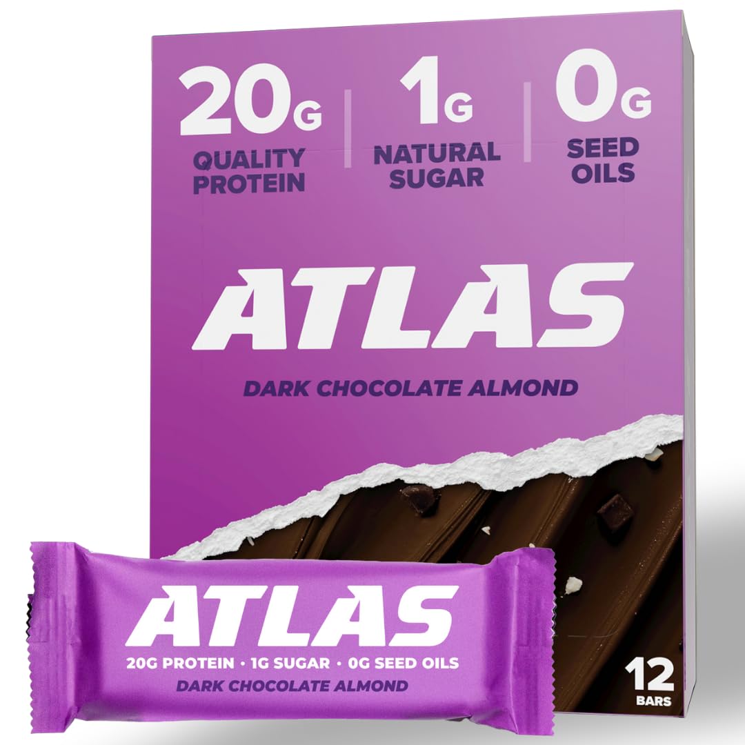 Atlas Protein Bar, 20g Protein, 1g Sugar, 0g Seed Oils, Clean Ingredients, Gluten Free - Dark Chocolate Almond, 12 Count