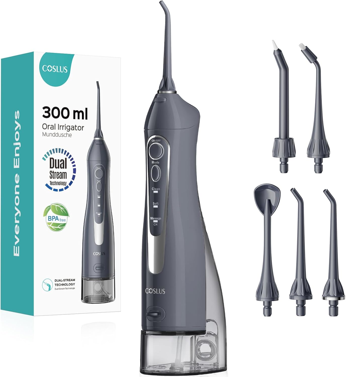 COSLUS Water Dental Flosser Teeth Pick: Portable Cordless Oral Irrigator 300ML Rechargeable Travel Irrigation Cleaner IPX7 Waterproof Electric Flossing Machine for Teeth Cleaning C20(F5020E) Grey