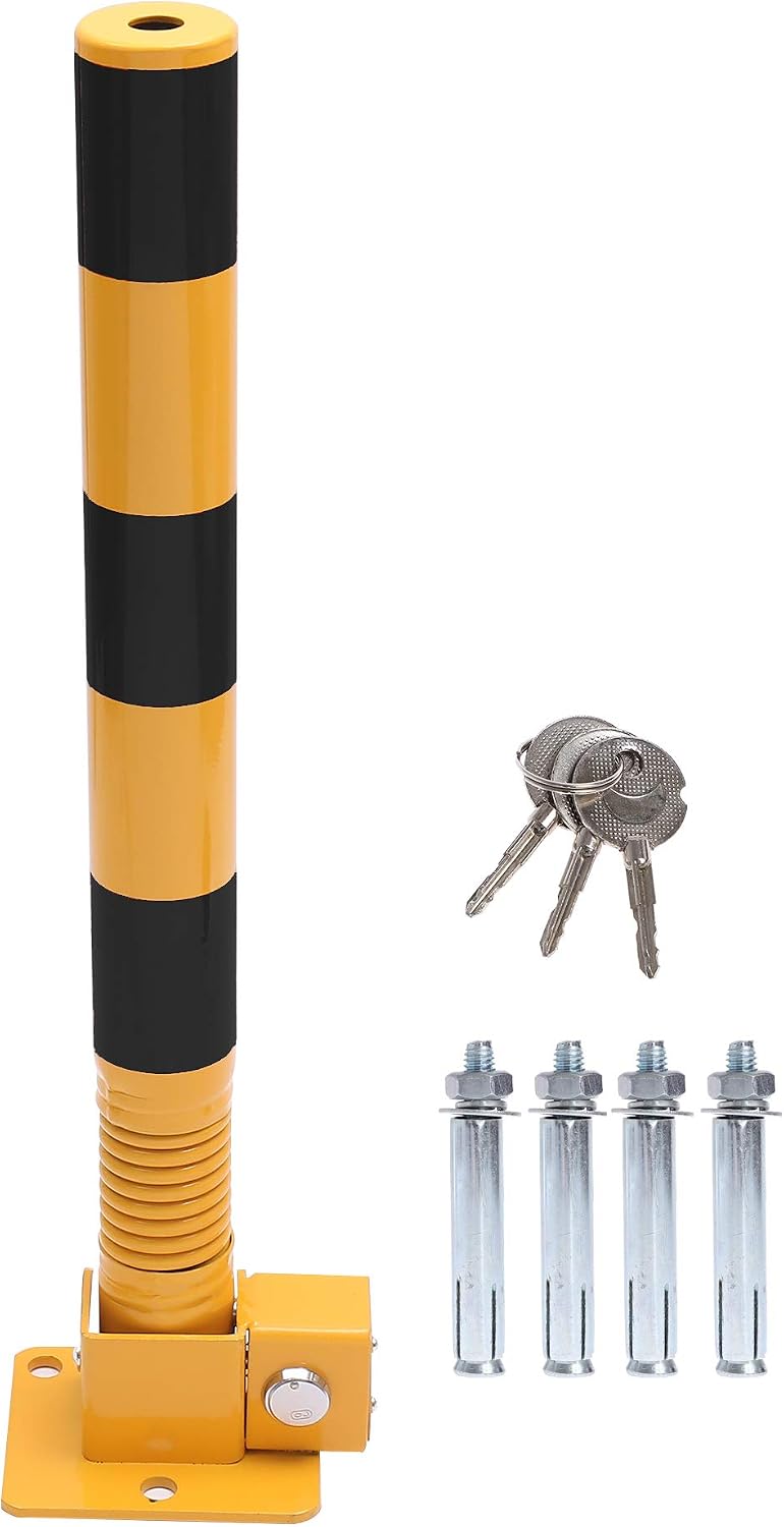 TOPWAY Car Parking Space Lock Bollard, Yellow and Balck Lockable Fold Down Spring Car Parking Barrier Post, Private Car Park Driveway Guard Saver Blocker, 60cm Height 161896