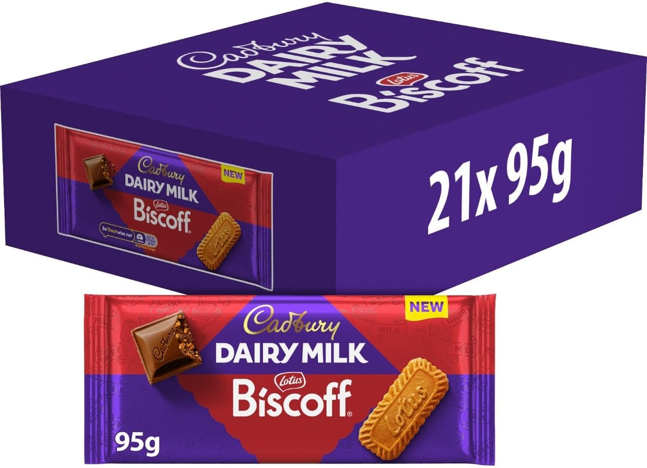 Cadbury Dairy Milk Lotus Biscoff Chocolate Bar Multipack, The Classic Creamy Taste with Caramelised Biscuit Pieces, Perfect for Sharing, 95 g (Pack of 21)