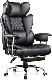 COMHOMA Big and Tall Office Chair, High Back Leather Gaming Chair with Footrest, Executive Ergonomic Office Chair with Pocket Spring Lumbar Support and with Outward Fixed Soft Armrests