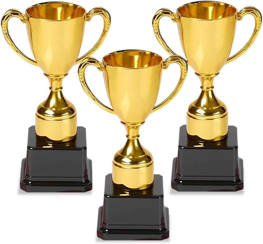 Gold Plastic Award Trophy Cups for Kids Sports, Classroom Prizes, 3 Pack