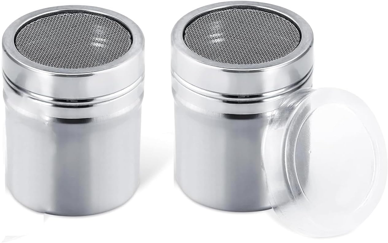 WchoeSS 2Pcs Flour Sugar Salt Shaker - 7oz Stainless Steel Chocolate Powder Shaker, Fine Mesh Flour Duster for Baking Cooking, Icing Sugar Salt Cocoa Flour Coffee Shaker Sifter for Kitchen Craft