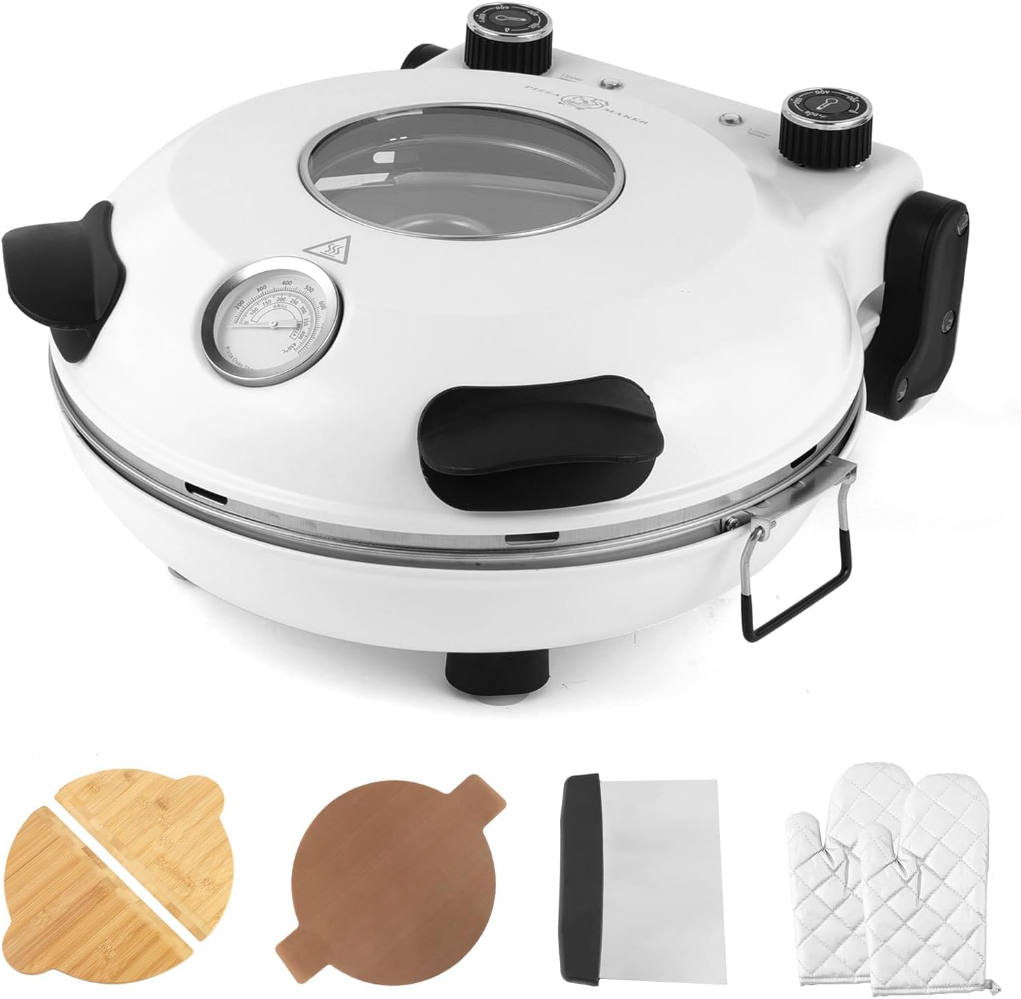 KLAIF 12" Electric Countertop Pizza Oven Indoor With Ceramic Stone, Dual Adjustable Temperature Controls, Includes 4 Pizza Tools, LMR-White