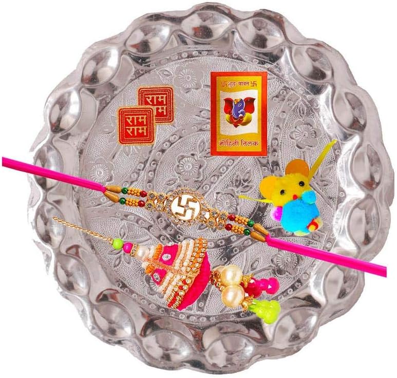 Pink SWASTIK LUMBA and Teddy Bear Rakhi THALI Combo, Metal, Diamond